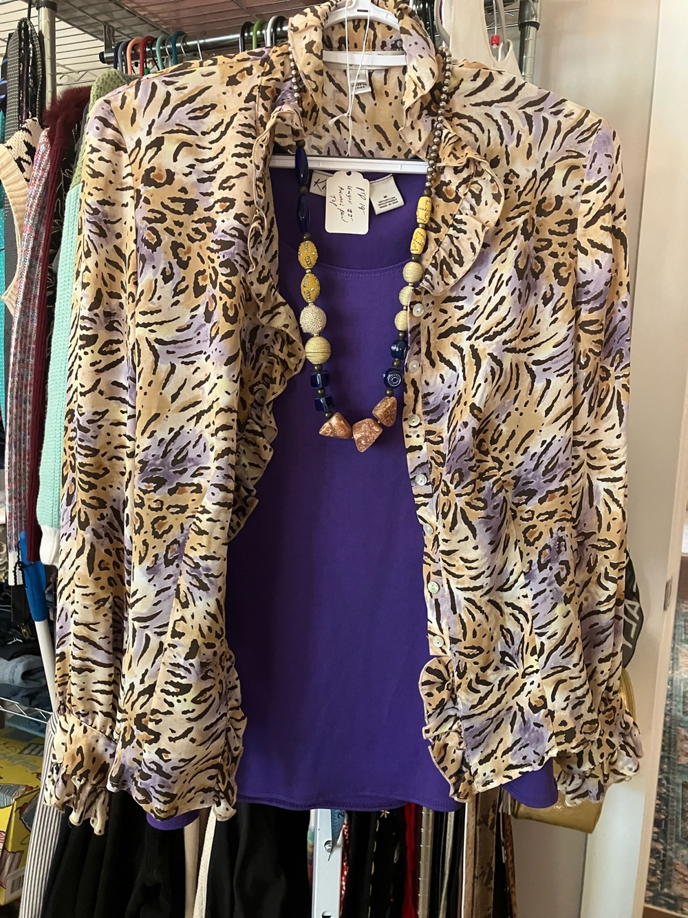 Kim Rogers Purple Tank with Lavender and Tan Leopard Ruffle Cardigan